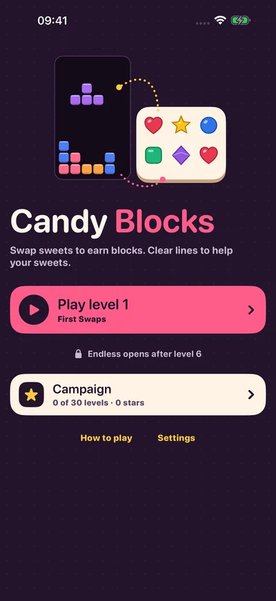 Candy Blocks home screen with campaign, how to play and settings controls