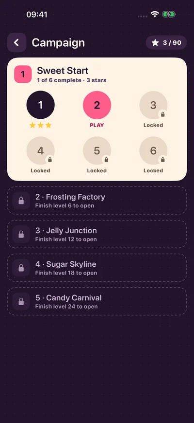 Candy Blocks campaign screen showing level one completed and the next level unlocked
