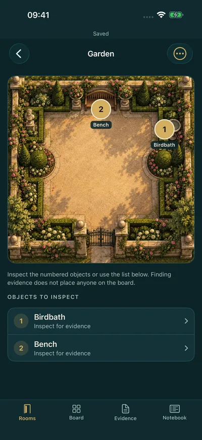 Garden room inspection screen with a garden scene, numbered birdbath and bench objects, and controls for inspecting evidence