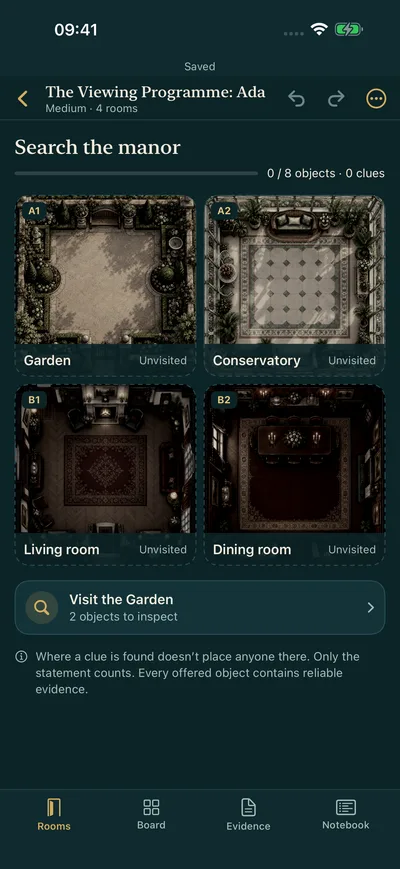 Rooms screen listing manor locations including the Garden, Conservatory, Living room and Dining room
