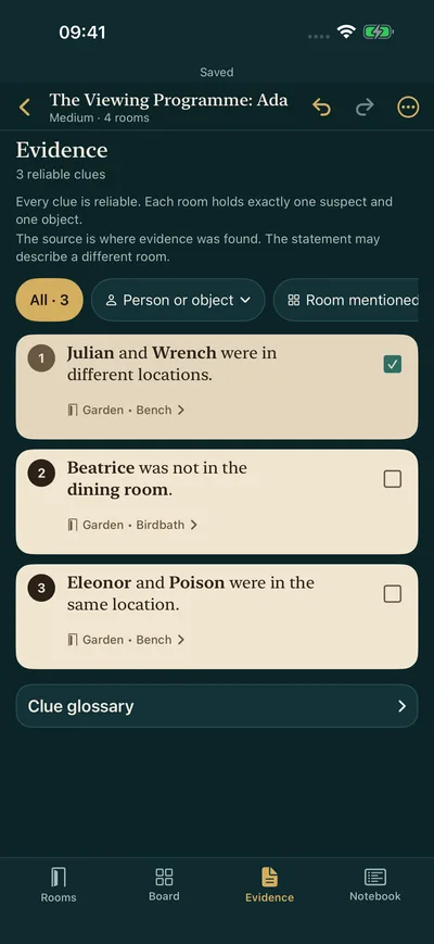 Evidence tab showing clues collected during the investigation
