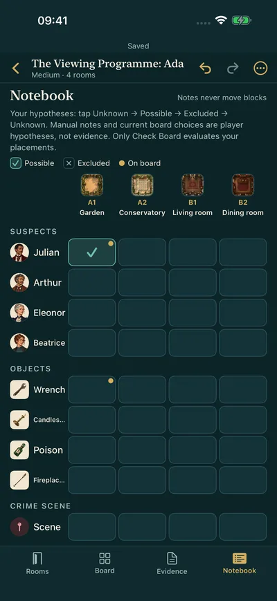 Detective notebook with suspect, object and scene tabs for tracking deductions