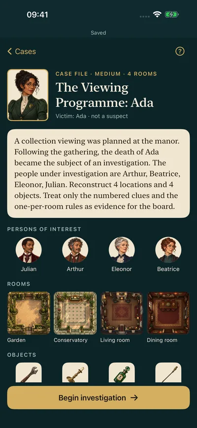 Case story screen introducing a murder mystery and its investigation