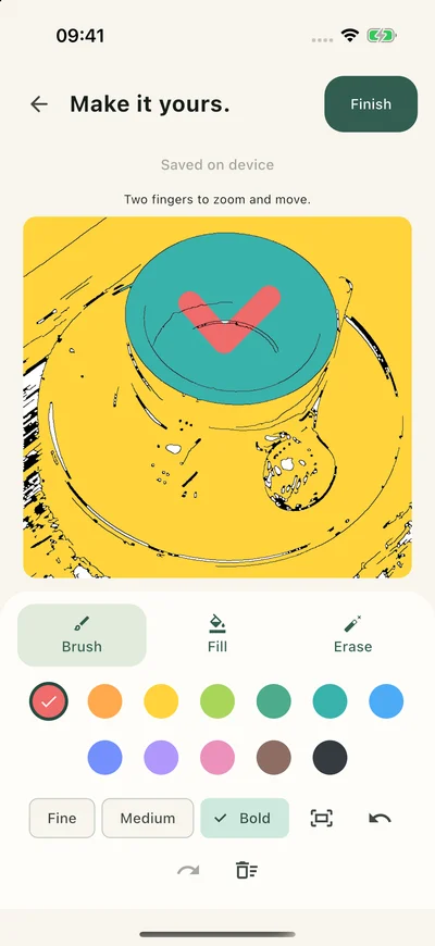 Colored coffee-cup drawing with a coral brush stroke, twelve color choices, three brush widths and editing tools