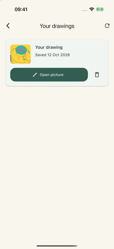 Your drawings library with a saved coffee-cup artwork thumbnail, Open picture button and delete control