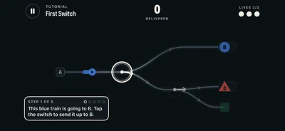 Tutorial step 1 of 5 on First Switch: a blue train for station B nears the first switch, and a coach card says to tap the switch to send it up to B