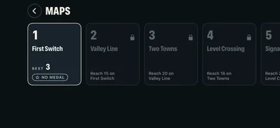 Map select with First Switch open at a best of 3 and no medal, and Valley Line, Two Towns and Level Crossing locked, each showing the score to reach on the map before it