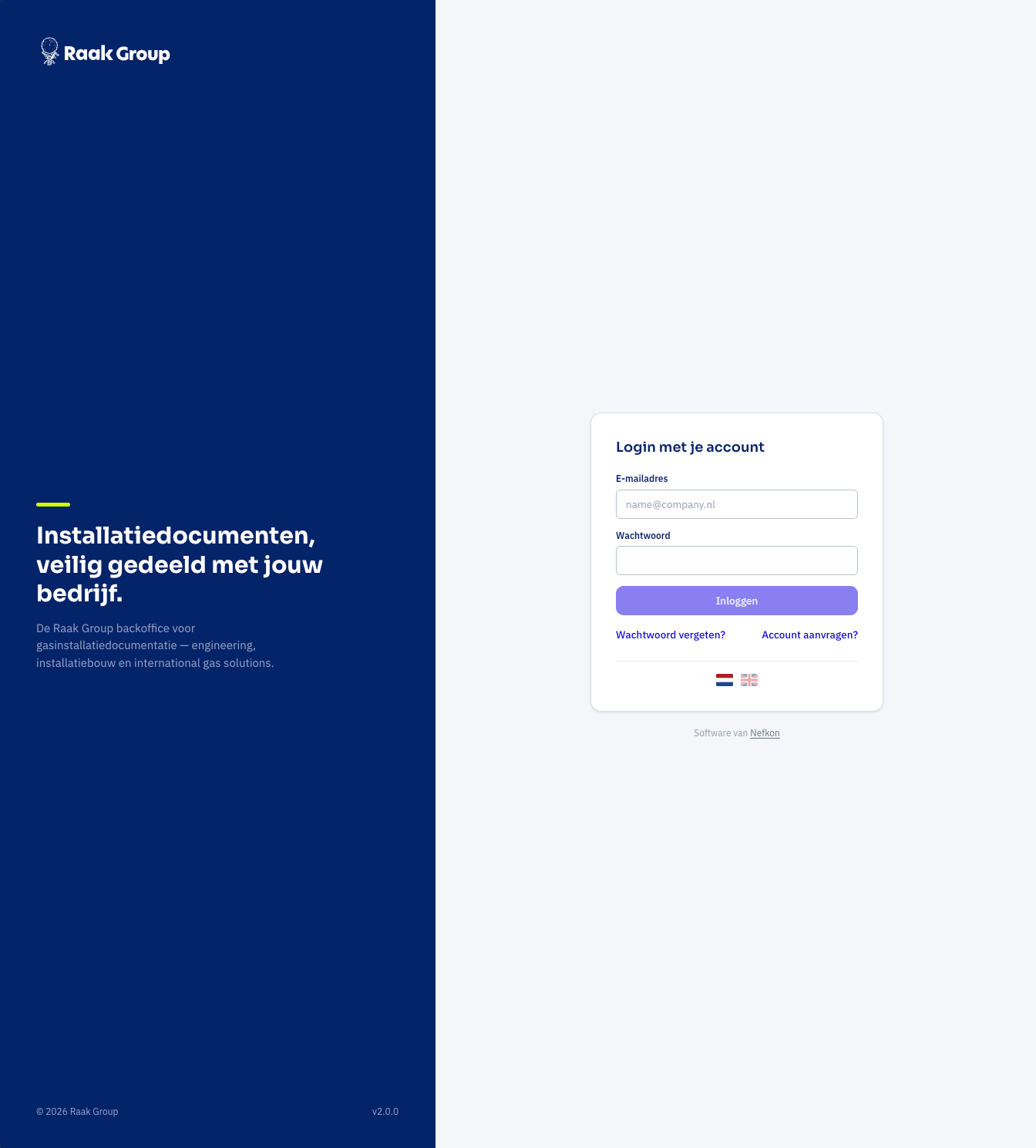 Raak Group Gas Maintenance Portal — The Raak Group back-office — client access to gas installation documents. The document archive sits behind the login.