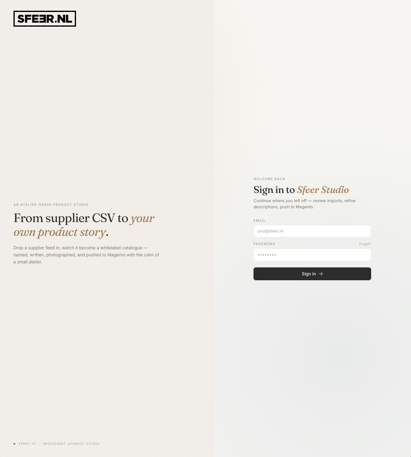 Magento Supplier Automation — Sfeer Studio — where supplier feeds are reviewed, rewritten and pushed to Magento. The workspace itself sits behind the login.
